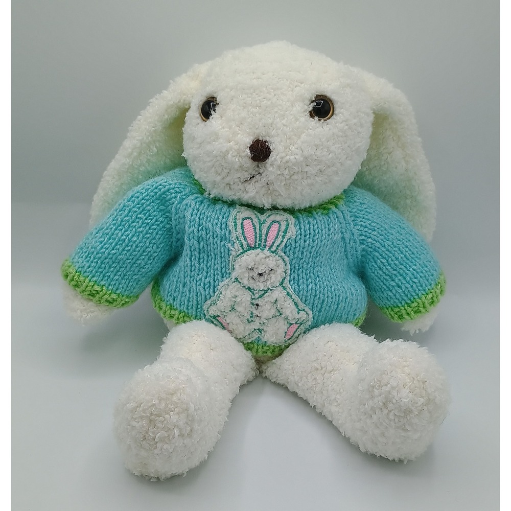 Vintage 14" TL TOYS White Wooly Plush Bunny Rabbit w/Blue Green Bunny Sweater B5
